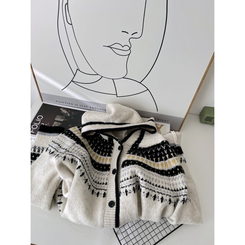 費爾島! 慵懶 6572＂＂ 復古提花連帽針織毛衣外套-細節圖5