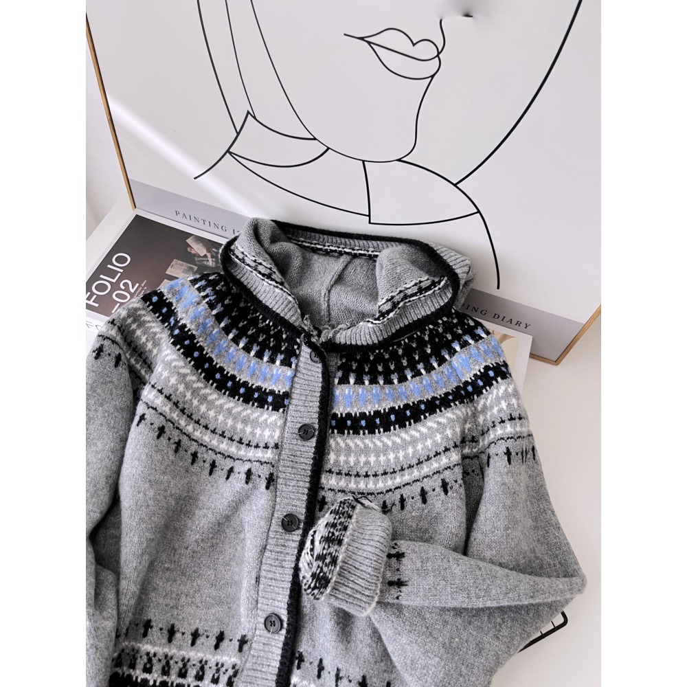 費爾島! 慵懶 6572＂＂ 復古提花連帽針織毛衣外套-細節圖10
