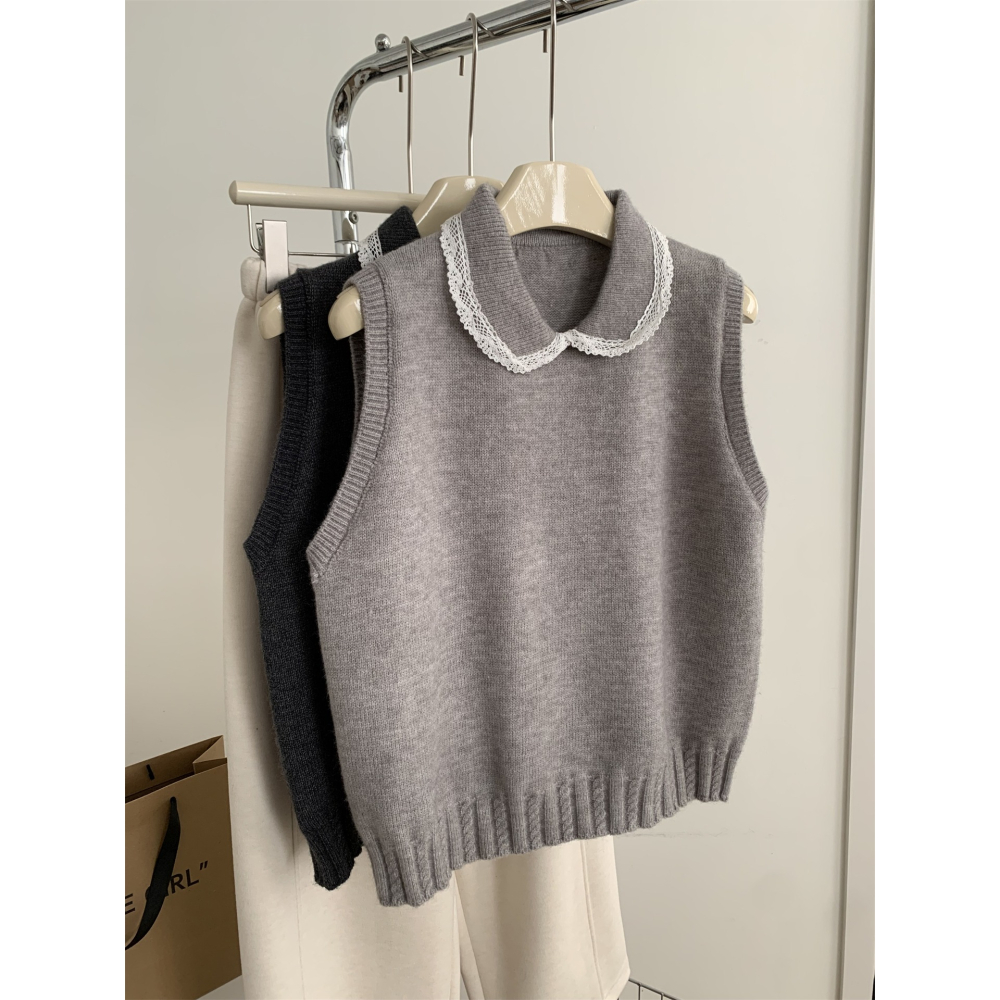 1104＂＂文藝復古蕾絲邊翻領疊穿毛衣背心-細節圖2