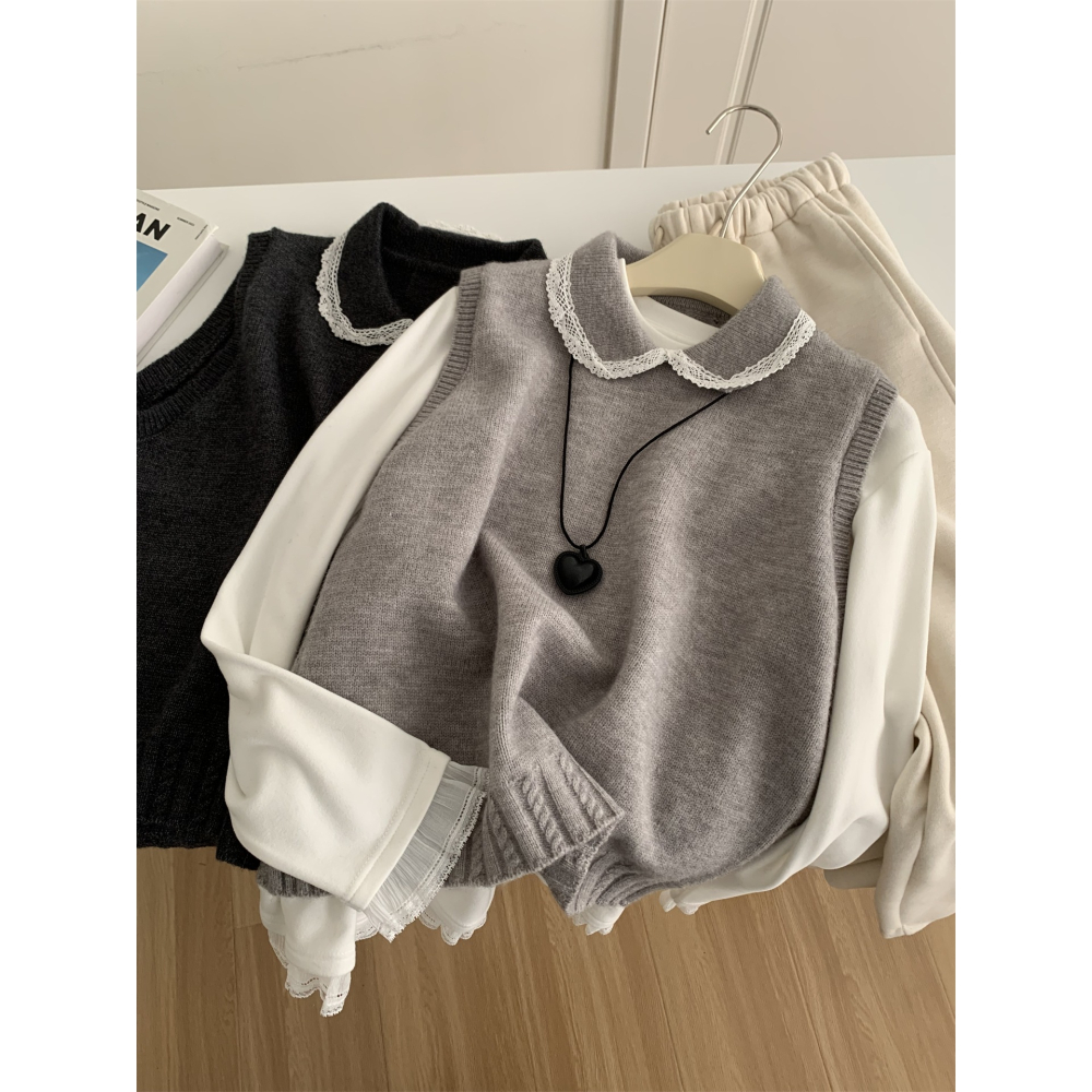 1104＂＂文藝復古蕾絲邊翻領疊穿毛衣背心-細節圖3