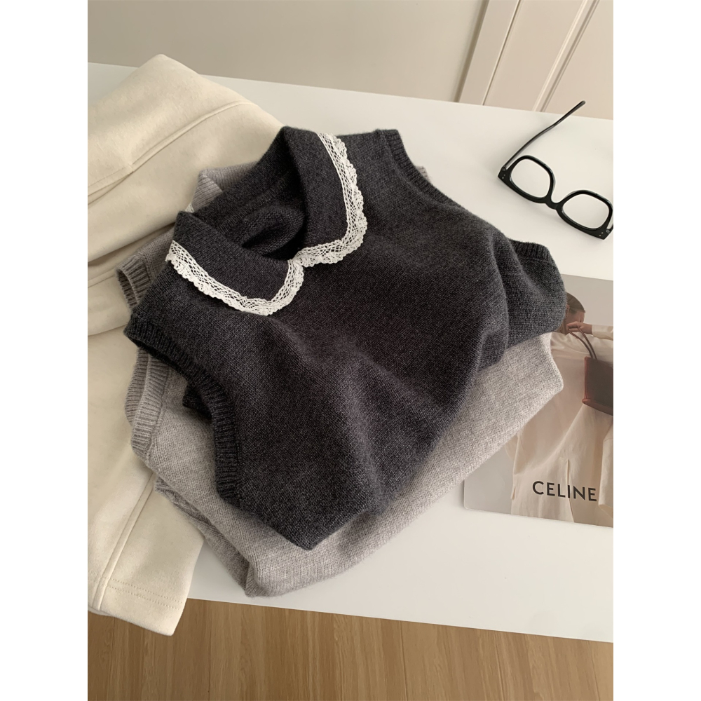 1104＂＂文藝復古蕾絲邊翻領疊穿毛衣背心-細節圖4