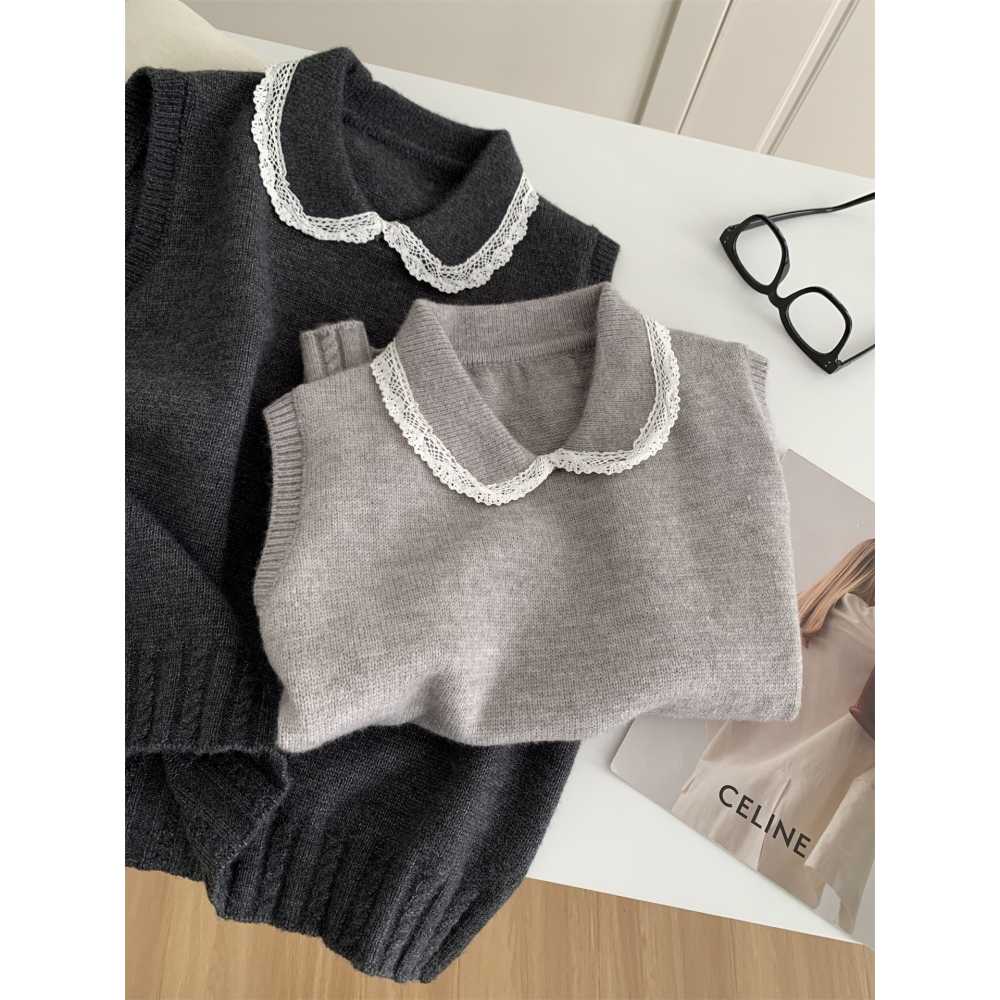 1104＂＂文藝復古蕾絲邊翻領疊穿毛衣背心-細節圖5