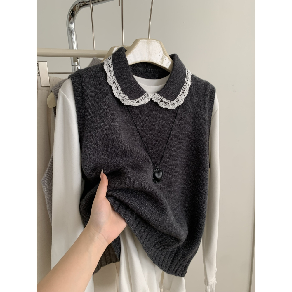 1104＂＂文藝復古蕾絲邊翻領疊穿毛衣背心-細節圖6