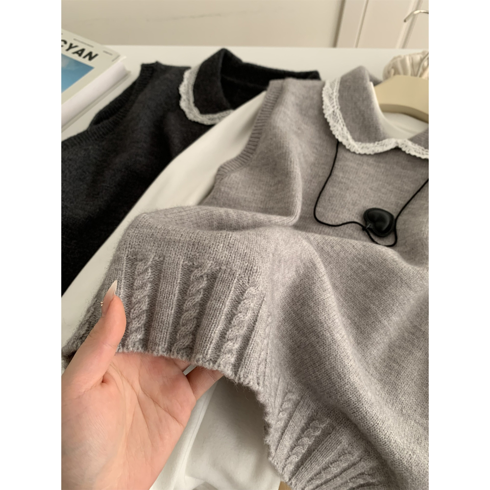 1104＂＂文藝復古蕾絲邊翻領疊穿毛衣背心-細節圖7