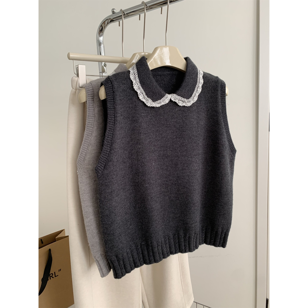 1104＂＂文藝復古蕾絲邊翻領疊穿毛衣背心-細節圖8