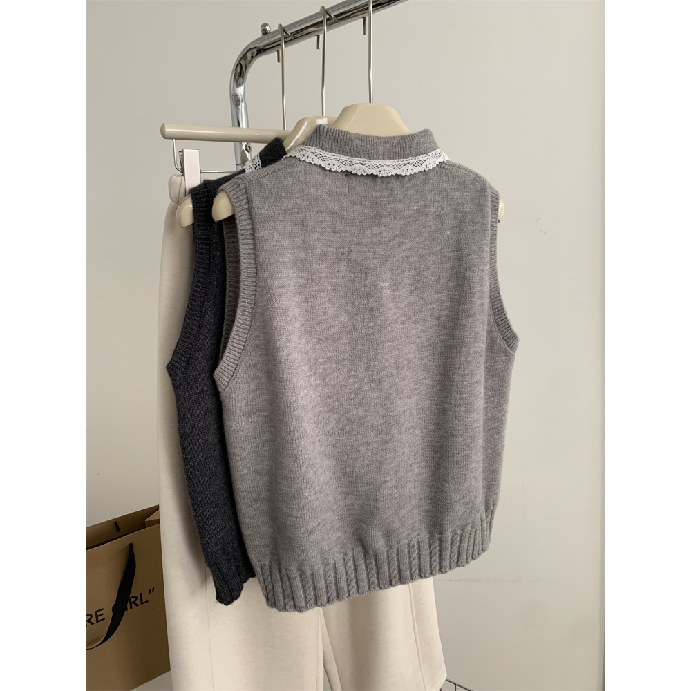 1104＂＂文藝復古蕾絲邊翻領疊穿毛衣背心-細節圖9