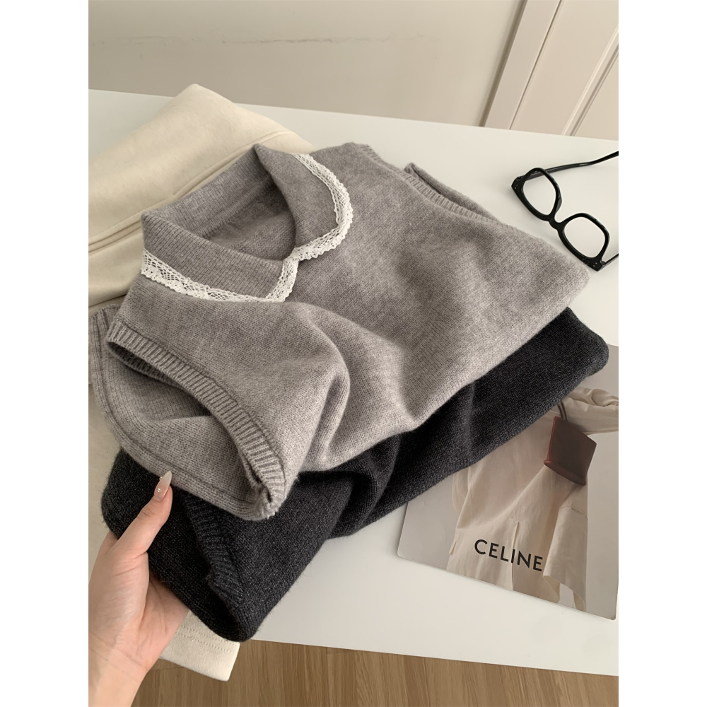 1104＂＂文藝復古蕾絲邊翻領疊穿毛衣背心-細節圖10