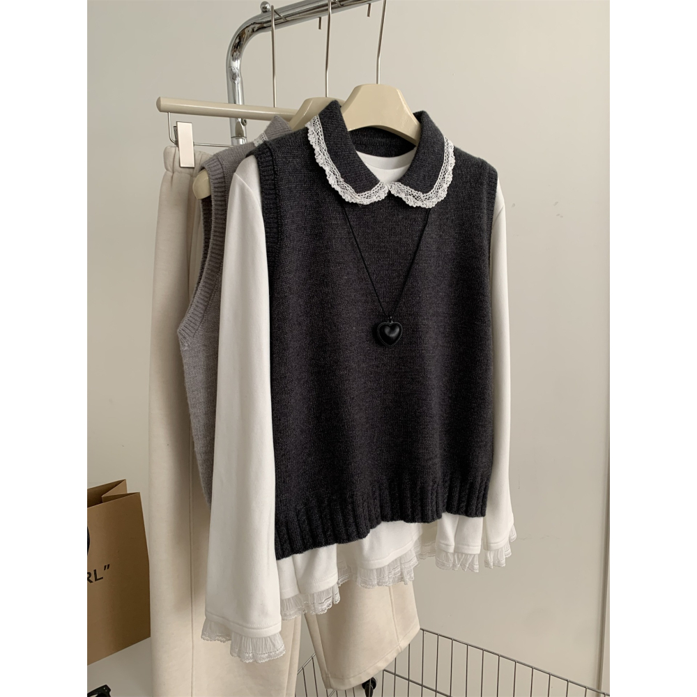 1104＂＂文藝復古蕾絲邊翻領疊穿毛衣背心-細節圖11