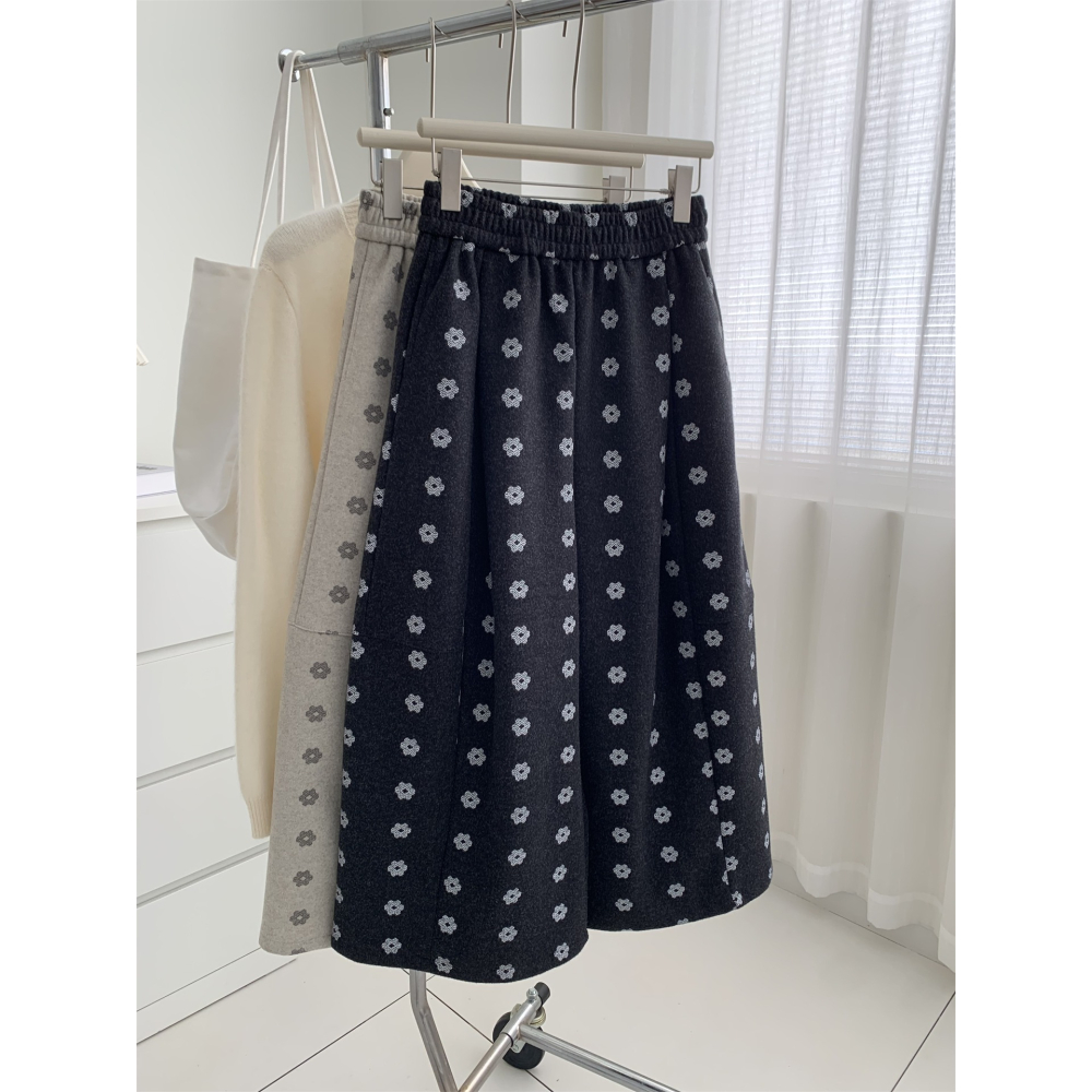 韓國特別款! 7050＂洋氣復古小花鬆弛感毛呢闊腿褲-細節圖2