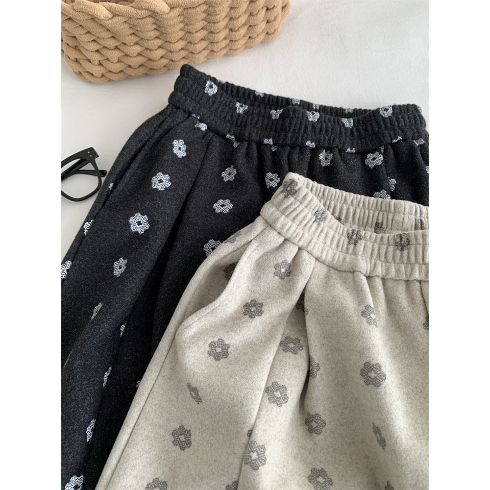 韓國特別款! 7050＂洋氣復古小花鬆弛感毛呢闊腿褲-細節圖3