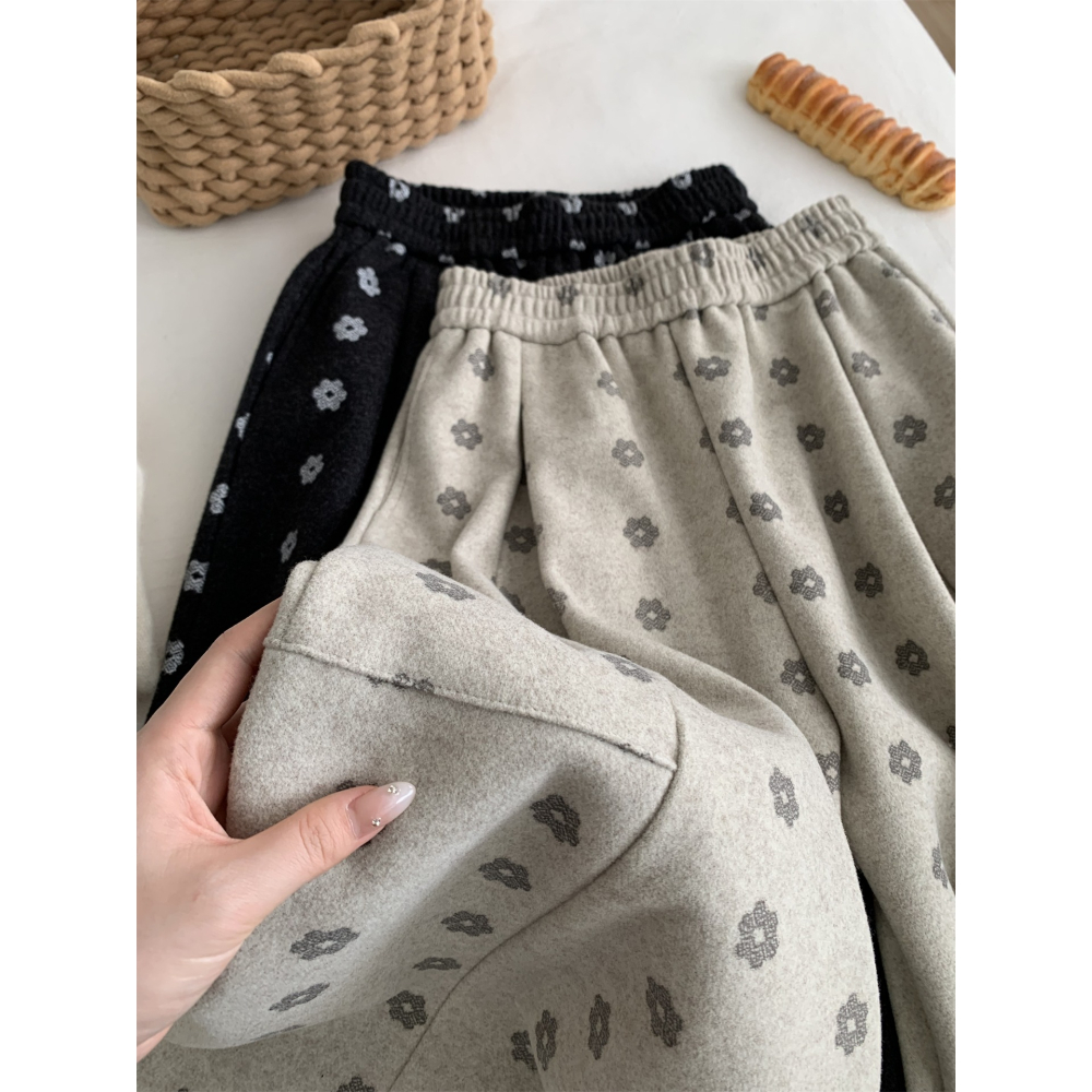 韓國特別款! 7050＂洋氣復古小花鬆弛感毛呢闊腿褲-細節圖4