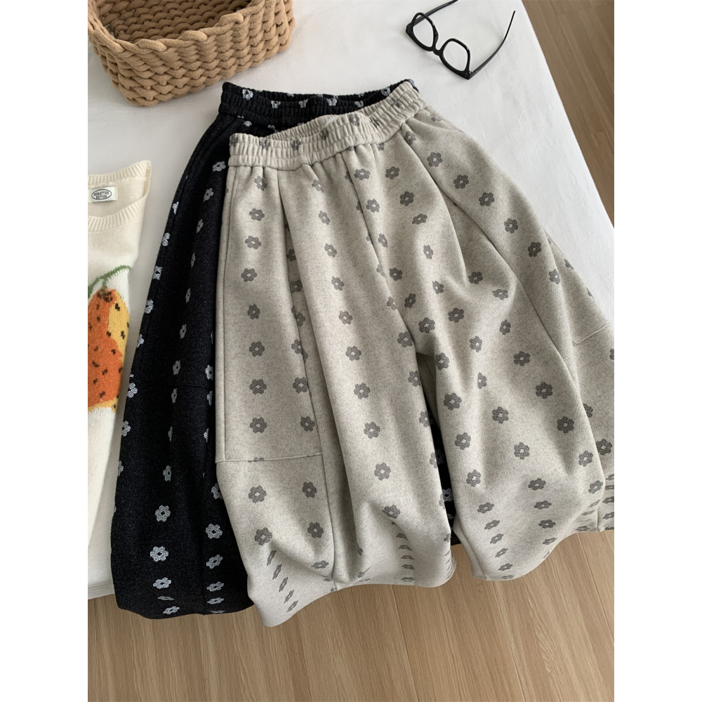 韓國特別款! 7050＂洋氣復古小花鬆弛感毛呢闊腿褲-細節圖5