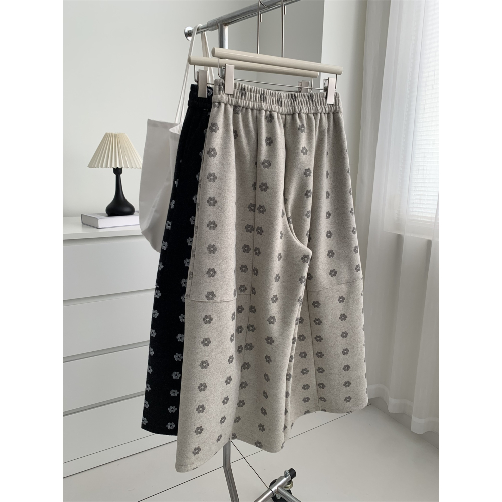 韓國特別款! 7050＂洋氣復古小花鬆弛感毛呢闊腿褲-細節圖6