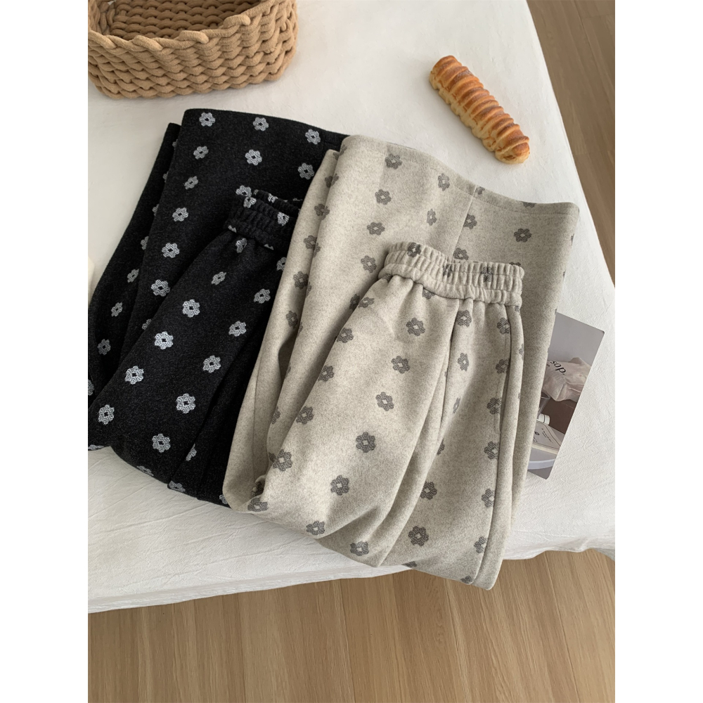 韓國特別款! 7050＂洋氣復古小花鬆弛感毛呢闊腿褲-細節圖7