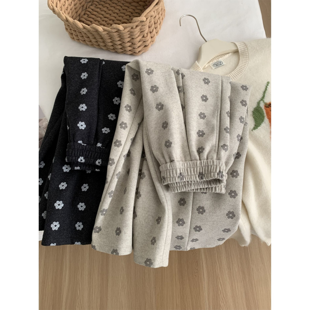 韓國特別款! 7050＂洋氣復古小花鬆弛感毛呢闊腿褲-細節圖11