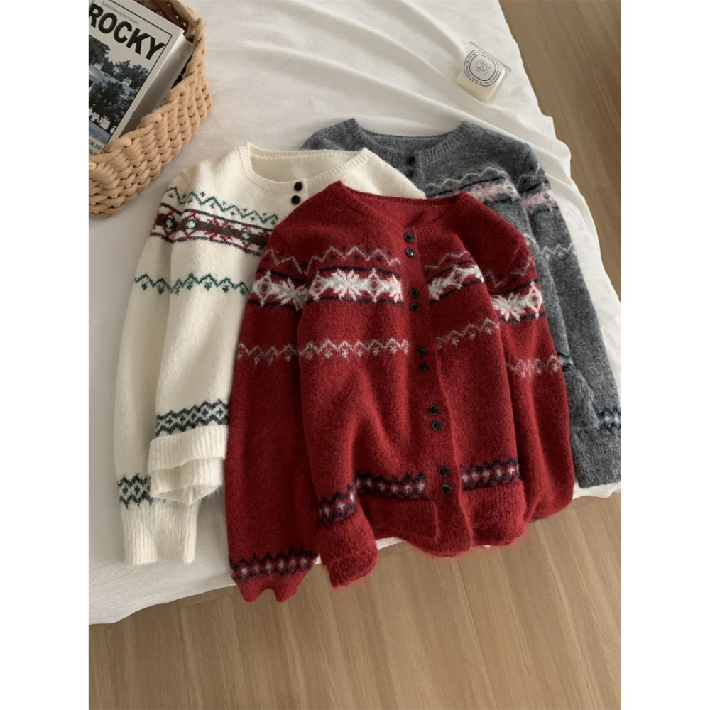 小個子短款 顯白穿搭 079＂＂ 羊毛!費爾島風格針織開衫毛衣外套-細節圖4