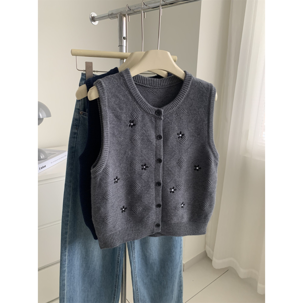 6606＂＂ 復古小花刺繡圓領針織馬甲無袖毛衣背心-細節圖2