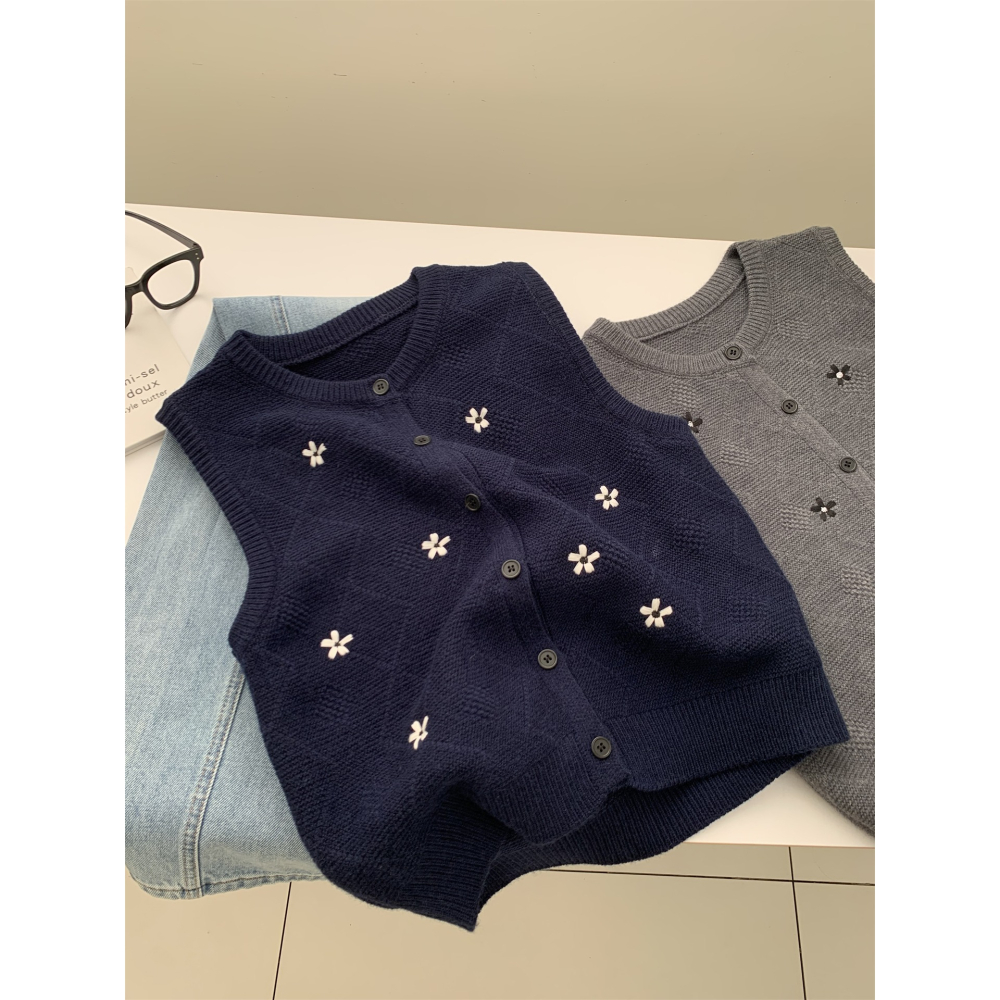 6606＂＂ 復古小花刺繡圓領針織馬甲無袖毛衣背心-細節圖6