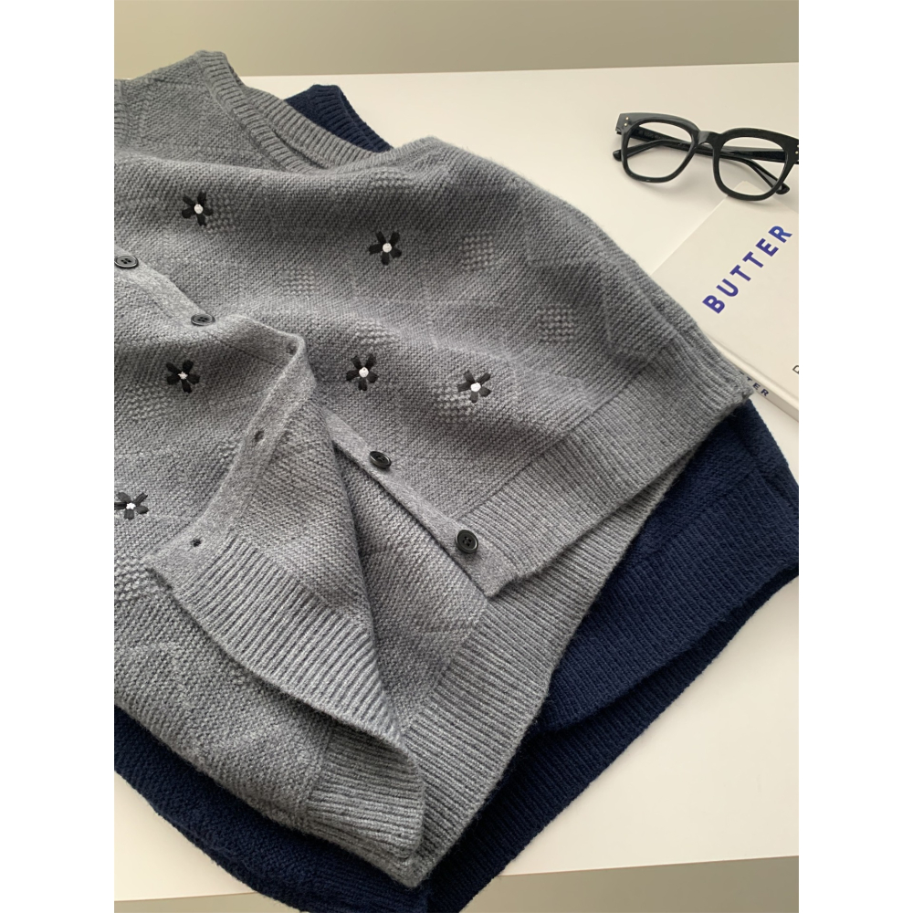 6606＂＂ 復古小花刺繡圓領針織馬甲無袖毛衣背心-細節圖8