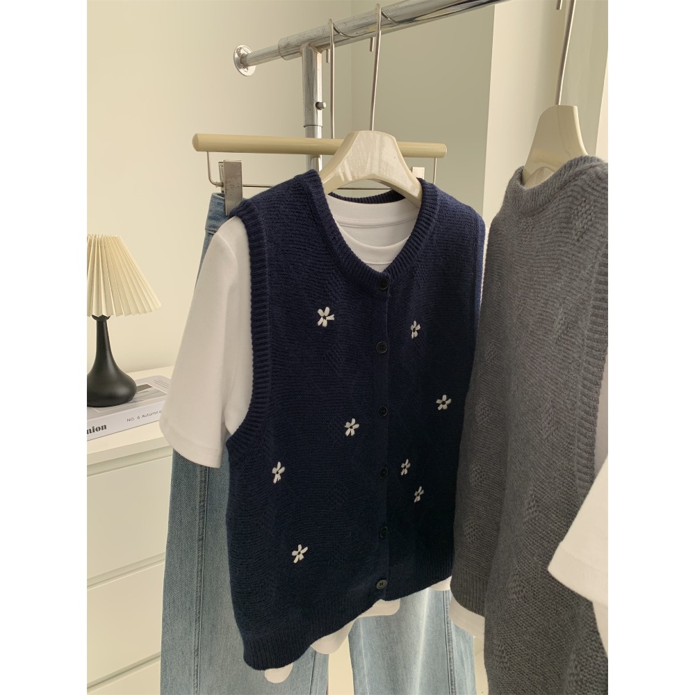 6606＂＂ 復古小花刺繡圓領針織馬甲無袖毛衣背心-規格圖10