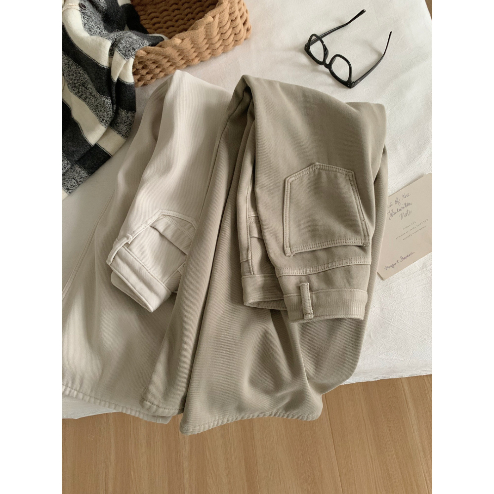 25167＂＂ 復古灰杏高腰加絨加厚直筒闊腿褲-細節圖4