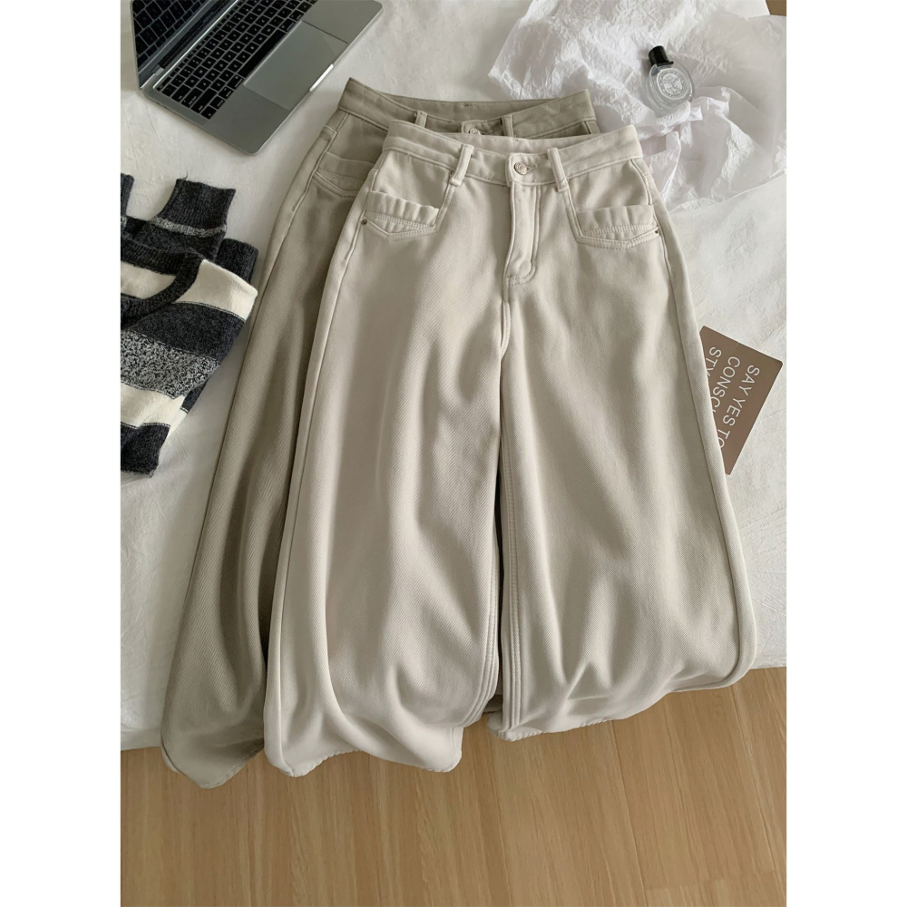 25167＂＂ 復古灰杏高腰加絨加厚直筒闊腿褲-細節圖5