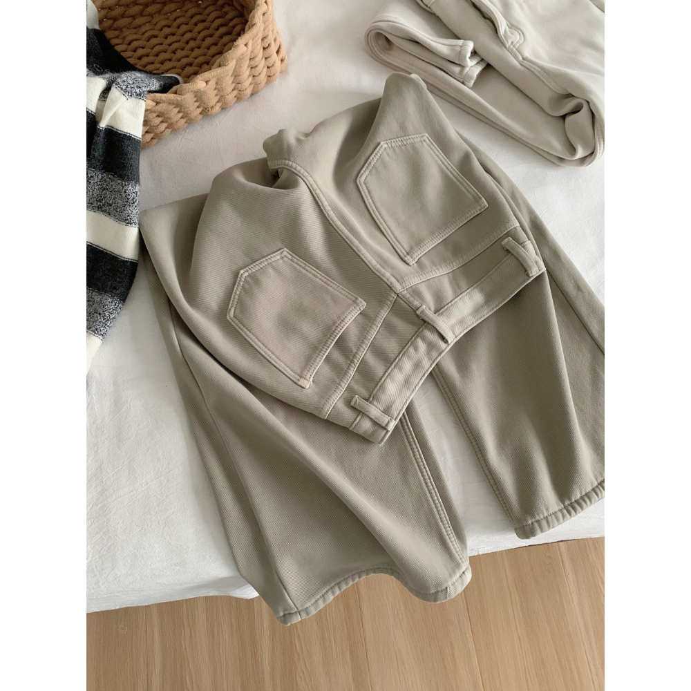 25167＂＂ 復古灰杏高腰加絨加厚直筒闊腿褲-細節圖7