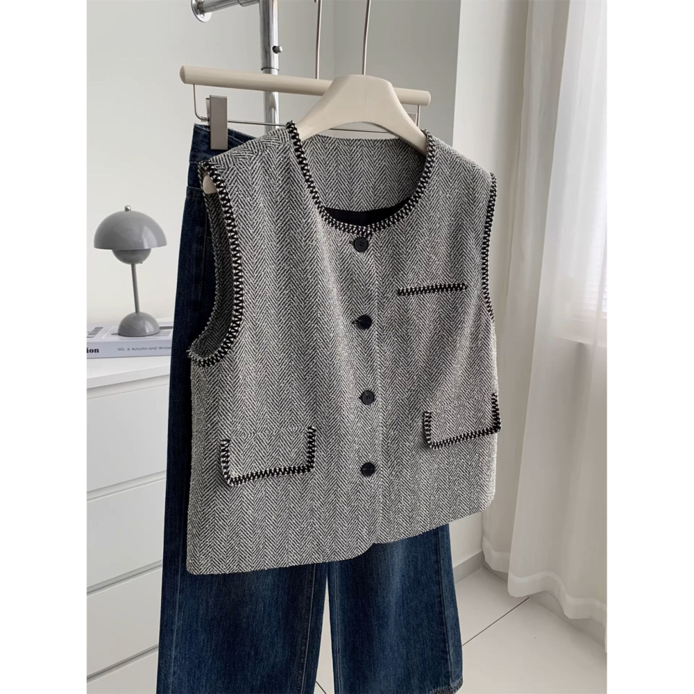 26013＂＂小香風人字紋刺繡老錢氣質馬甲背心-細節圖4