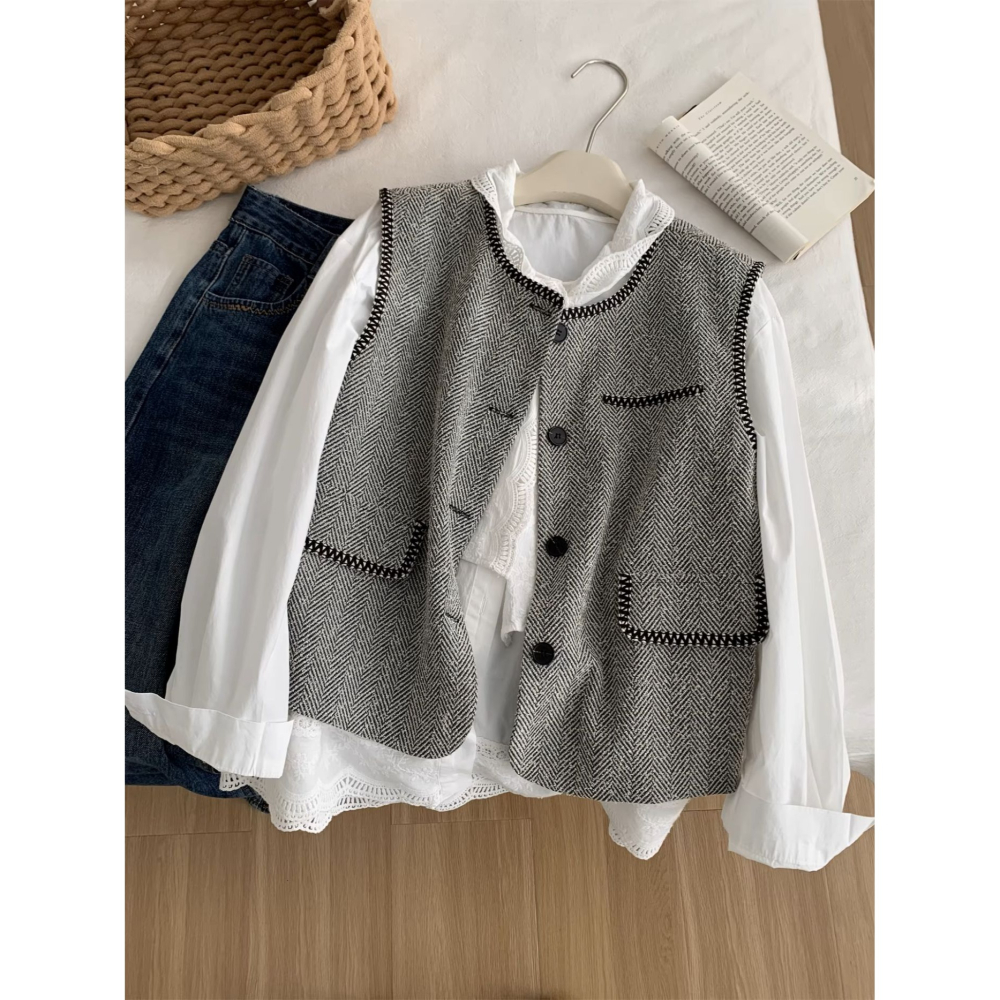 26013＂＂小香風人字紋刺繡老錢氣質馬甲背心-細節圖6