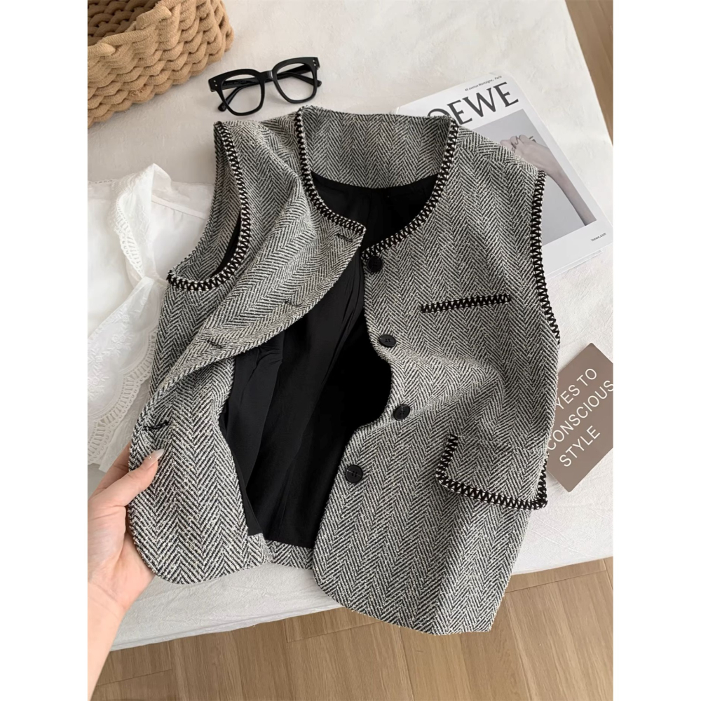 26013＂＂小香風人字紋刺繡老錢氣質馬甲背心-細節圖9