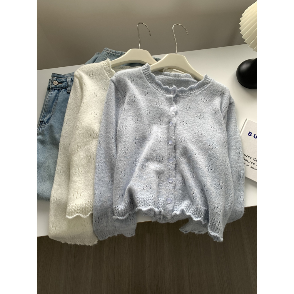 氣質復古羊毛花邊圓領針織開衫外套 單穿也可-細節圖3