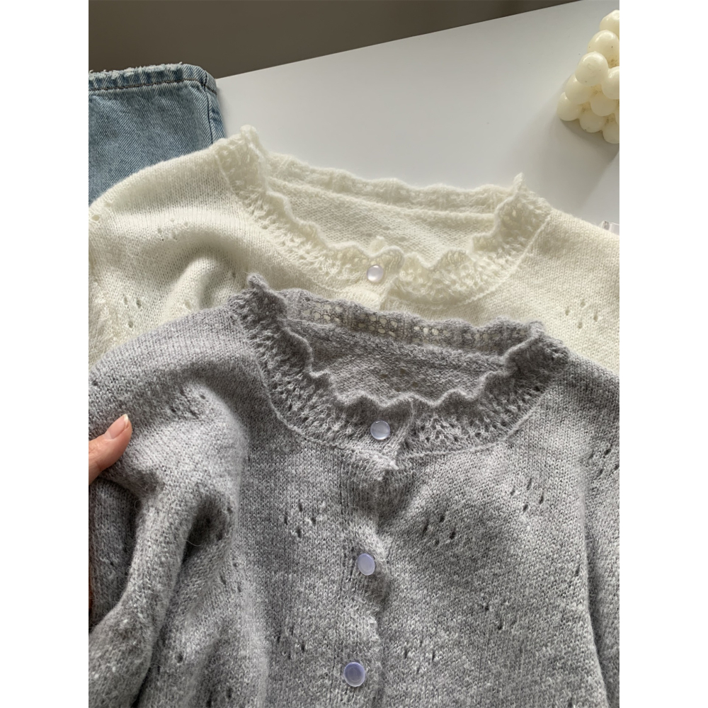 氣質復古羊毛花邊圓領針織開衫外套 單穿也可-細節圖7