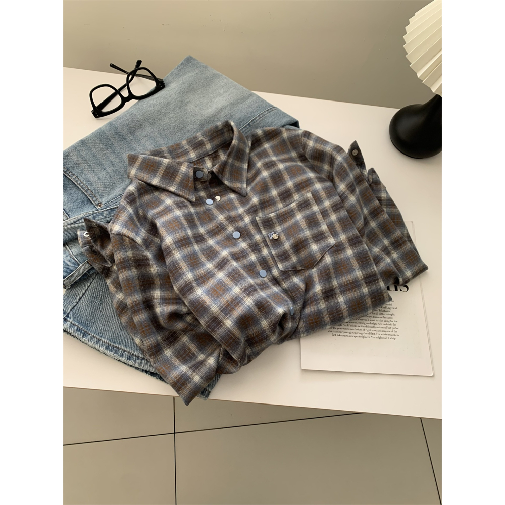 復古中長款藍咖格子外穿口袋刺繡襯衫-細節圖2