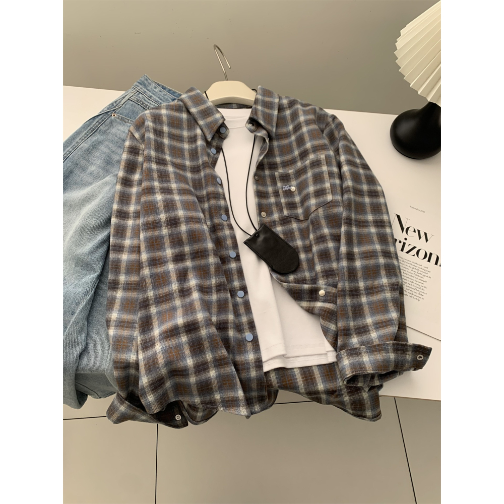 復古中長款藍咖格子外穿口袋刺繡襯衫-細節圖4