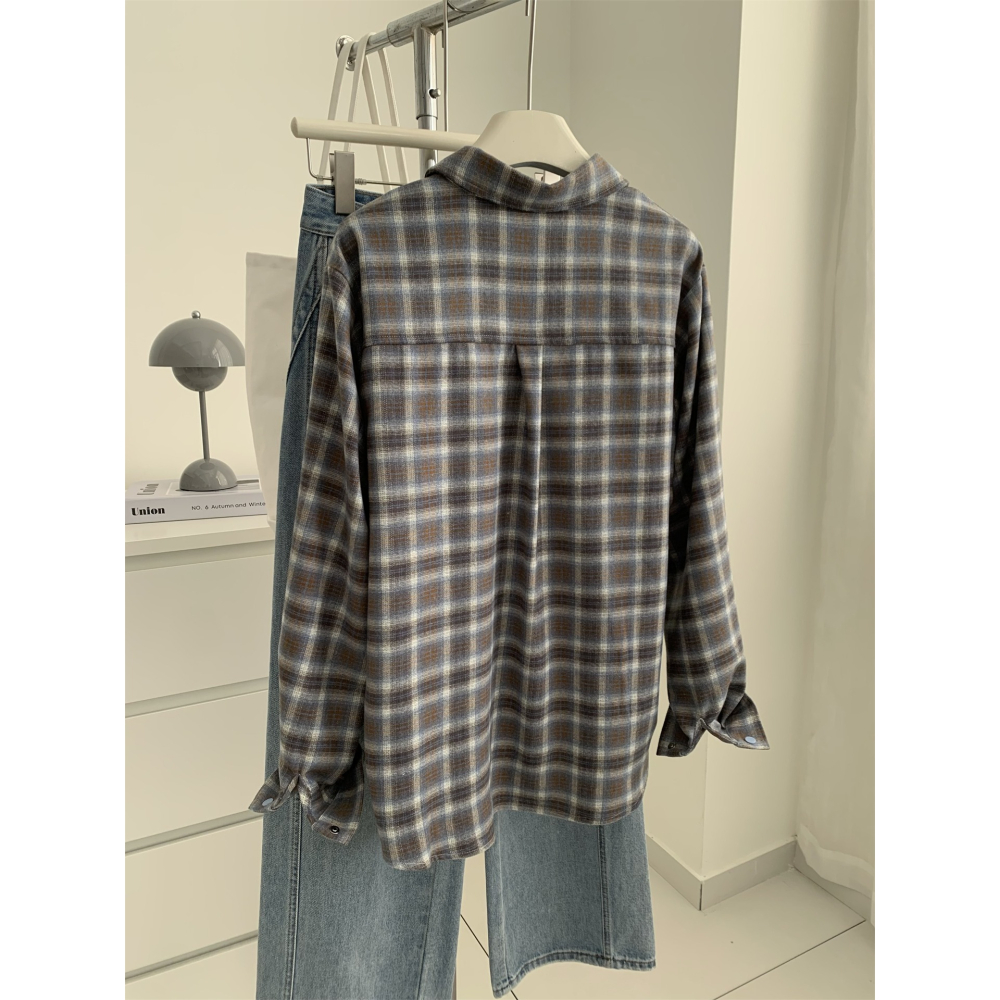 復古中長款藍咖格子外穿口袋刺繡襯衫-細節圖7