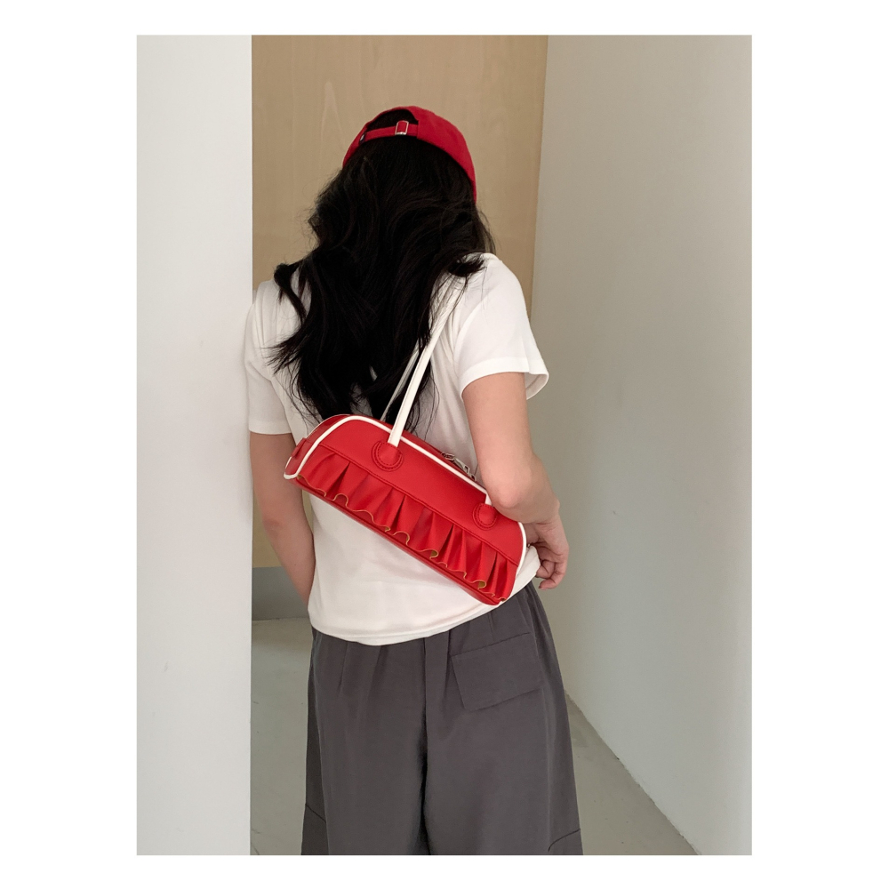 A66827｜韓國獨特外形設計皺褶花邊單肩法棍包 單肩包 手提包 腋下包 波士頓包 手提包-細節圖4