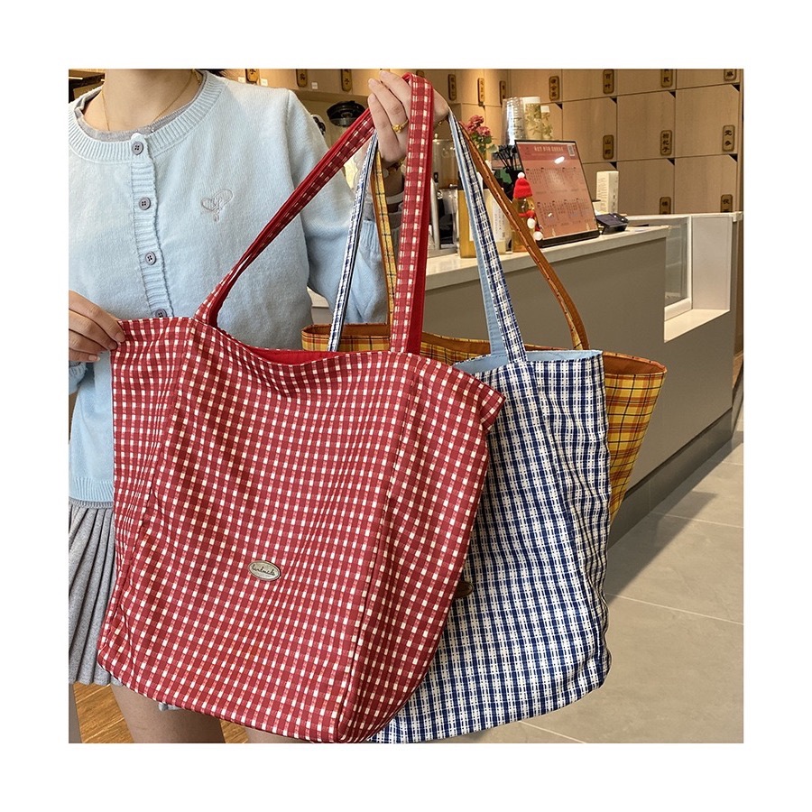 🌸2025 ins風雙面格子手提單肩托特包-細節圖2