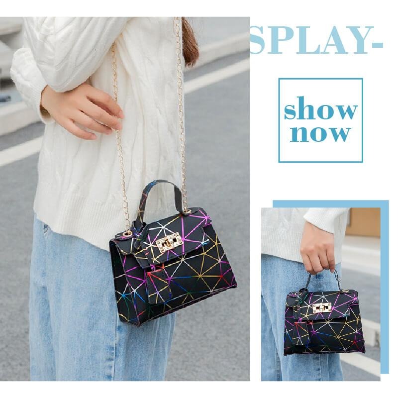 台灣現貨 韓版新款 個性時尚 雷射幾何 菱格紋 單肩包 斜挎包 手提包 側背包 凱莉包 百搭-細節圖3