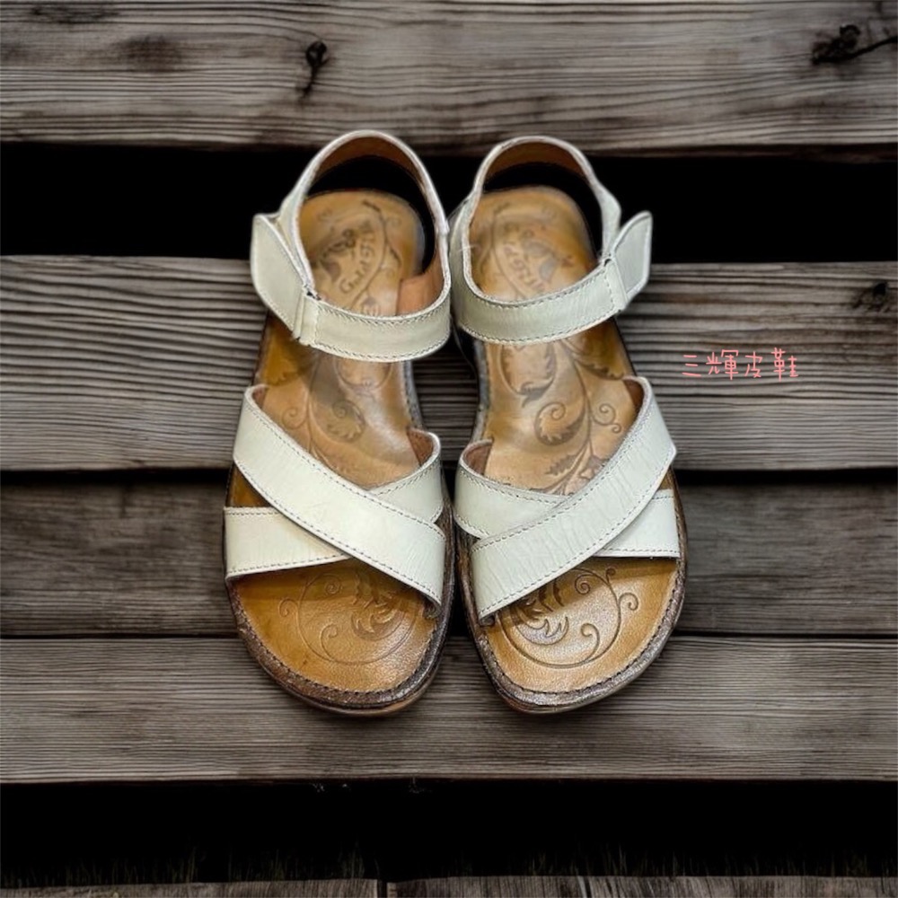 三輝皮鞋台灣製手工全真皮 牛皮超防滑生膠底鞋底縫線 素色交叉魔鬼氈平底涼鞋MIT寬楦拇指外翻適用老師傅手工鞋底縫製文青-細節圖2