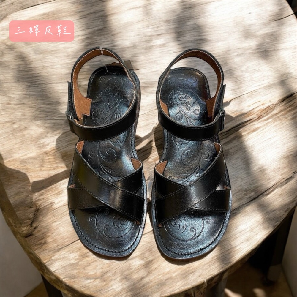 三輝皮鞋台灣製手工全真皮 牛皮超防滑生膠底鞋底縫線 素色交叉魔鬼氈平底涼鞋MIT寬楦拇指外翻適用老師傅手工鞋底縫製文青-細節圖4