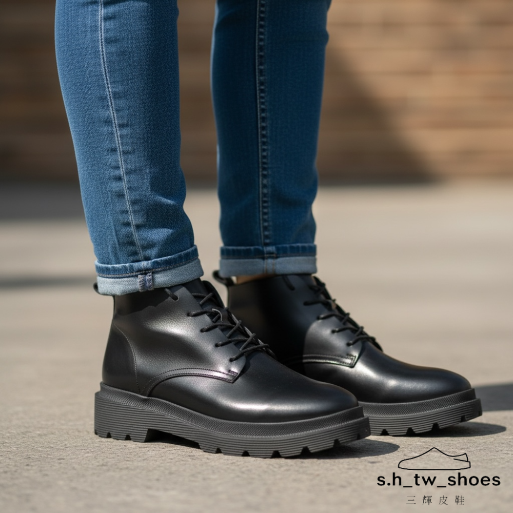 三輝皮鞋台灣製 MIT 真皮女靴 牛皮靴 馬丁靴 輕量靴 短靴 踝靴 軍靴 babala五孔綁帶超輕量足弓支撐帥氣女靴-細節圖2