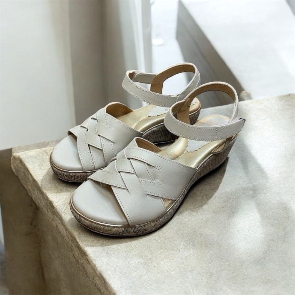 三輝皮鞋台灣製全真皮 牛皮超輕量足弓支撐氣質編織魔鬼氈厚底楔型跟涼鞋MIT babala高台平底涼鞋增高鞋寬楦拇指外翻-細節圖2