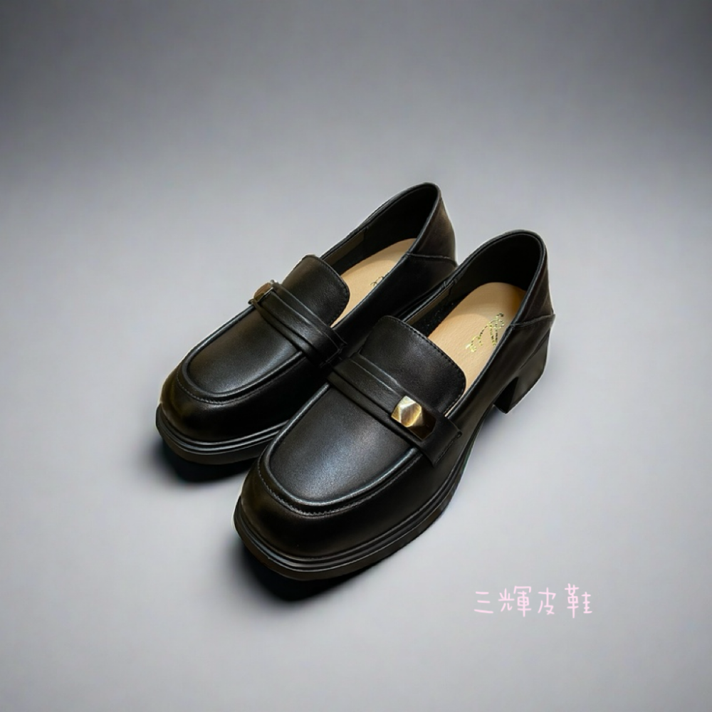 三輝皮鞋全真皮超輕量 柔軟牛皮可後踩兩用厚底樂福鞋 氣質粗跟中跟鞋金飾金屬金扣方頭圓頭兩穿莫卡辛便仕 現貨-細節圖2
