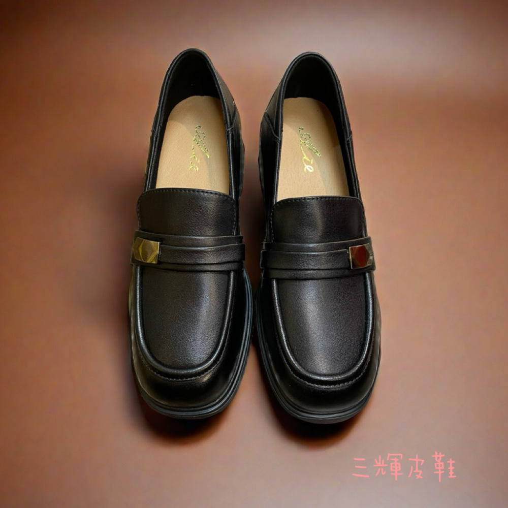 三輝皮鞋全真皮超輕量 柔軟牛皮可後踩兩用厚底樂福鞋 氣質粗跟中跟鞋金飾金屬金扣方頭圓頭兩穿莫卡辛便仕 現貨-細節圖3