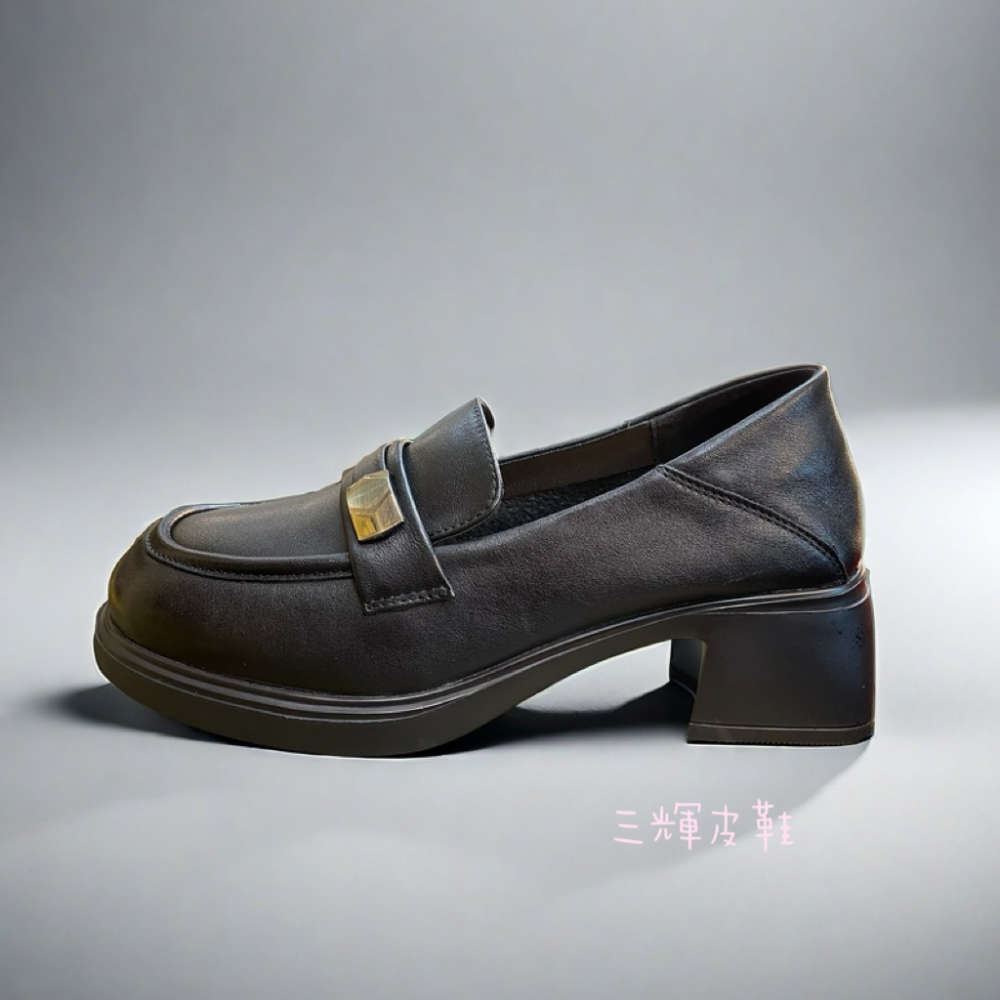 三輝皮鞋全真皮超輕量 柔軟牛皮可後踩兩用厚底樂福鞋 氣質粗跟中跟鞋金飾金屬金扣方頭圓頭兩穿莫卡辛便仕 現貨-細節圖4