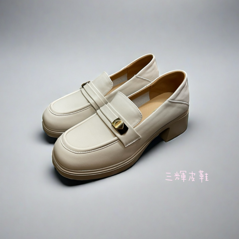 三輝皮鞋全真皮超輕量 柔軟牛皮可後踩兩用厚底樂福鞋 氣質粗跟中跟鞋金飾金屬金扣方頭圓頭兩穿莫卡辛便仕 現貨-細節圖6