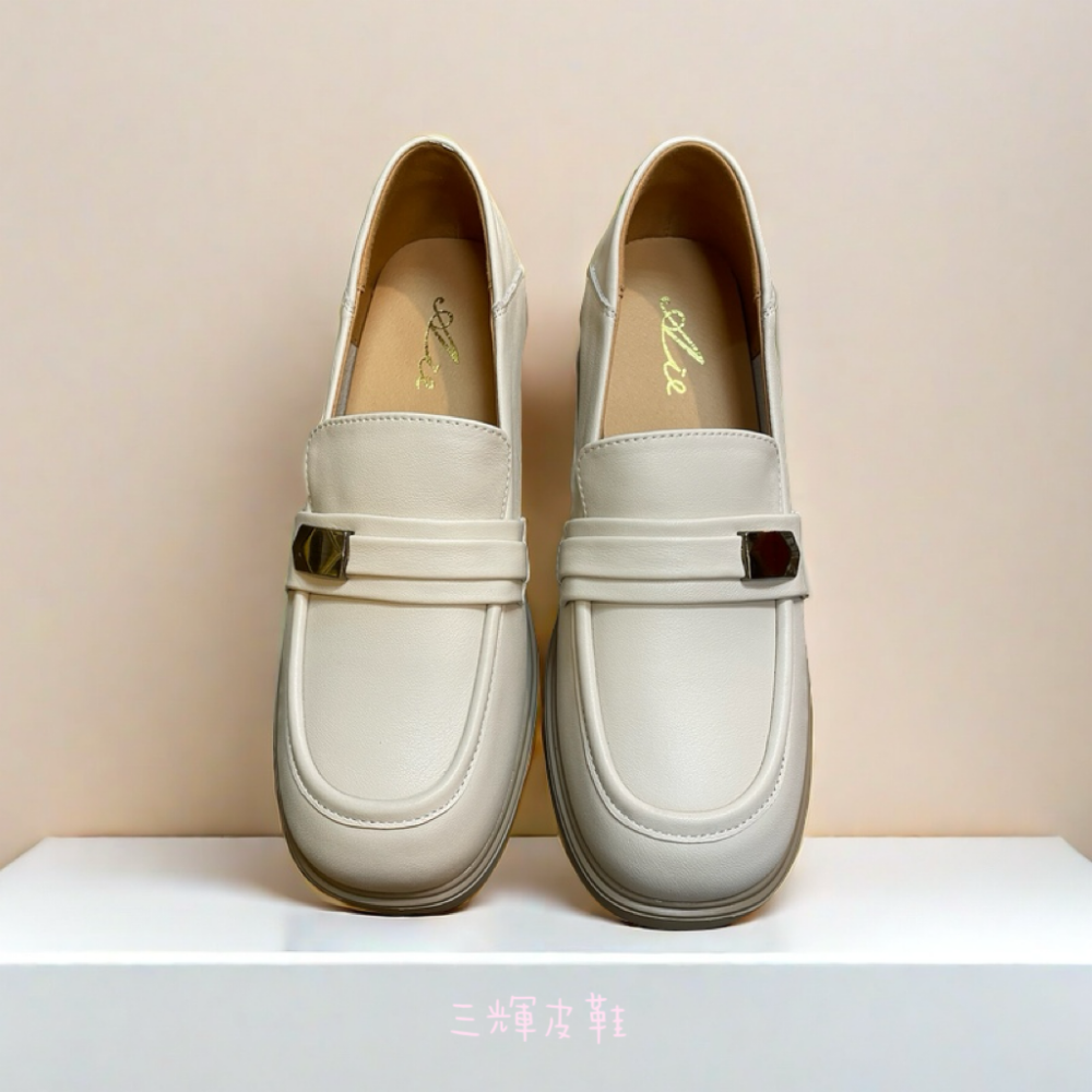 三輝皮鞋全真皮超輕量 柔軟牛皮可後踩兩用厚底樂福鞋 氣質粗跟中跟鞋金飾金屬金扣方頭圓頭兩穿莫卡辛便仕 現貨-細節圖7