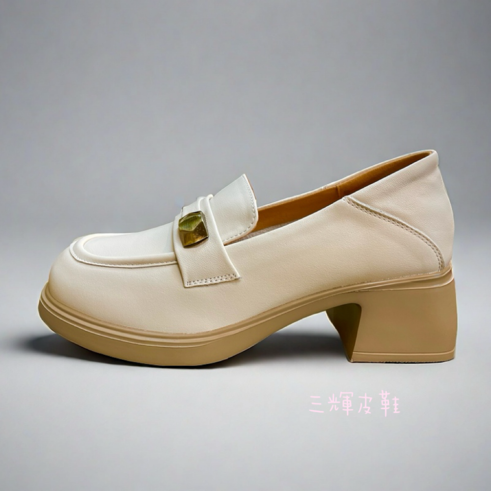 三輝皮鞋全真皮超輕量 柔軟牛皮可後踩兩用厚底樂福鞋 氣質粗跟中跟鞋金飾金屬金扣方頭圓頭兩穿莫卡辛便仕 現貨-細節圖8