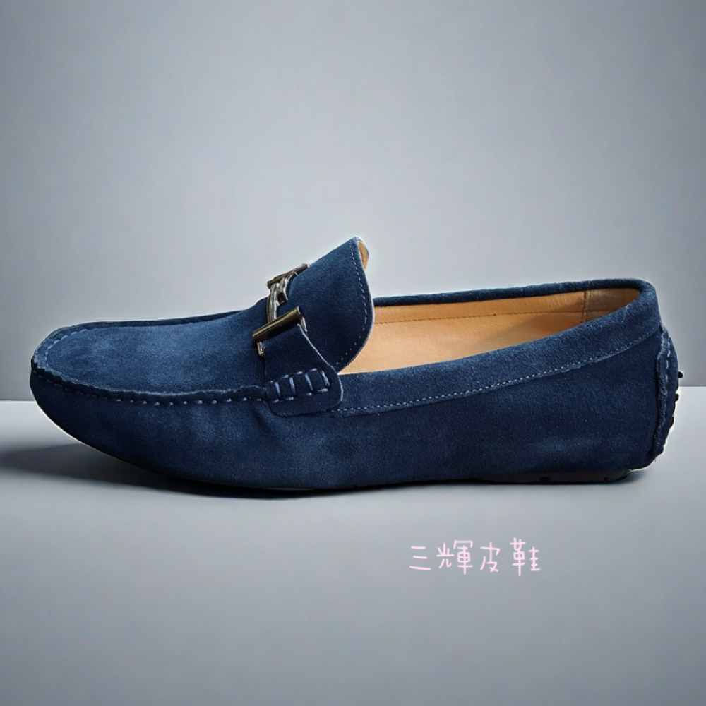 三輝皮鞋全真皮 義式牛皮麂皮反毛皮銀飾懶人樂福鞋 銀鍊馬銜扣袋鼠皮鞋莫卡辛 歐風雅痞一腳蹬休閒鞋開車鞋 藍現貨-細節圖2
