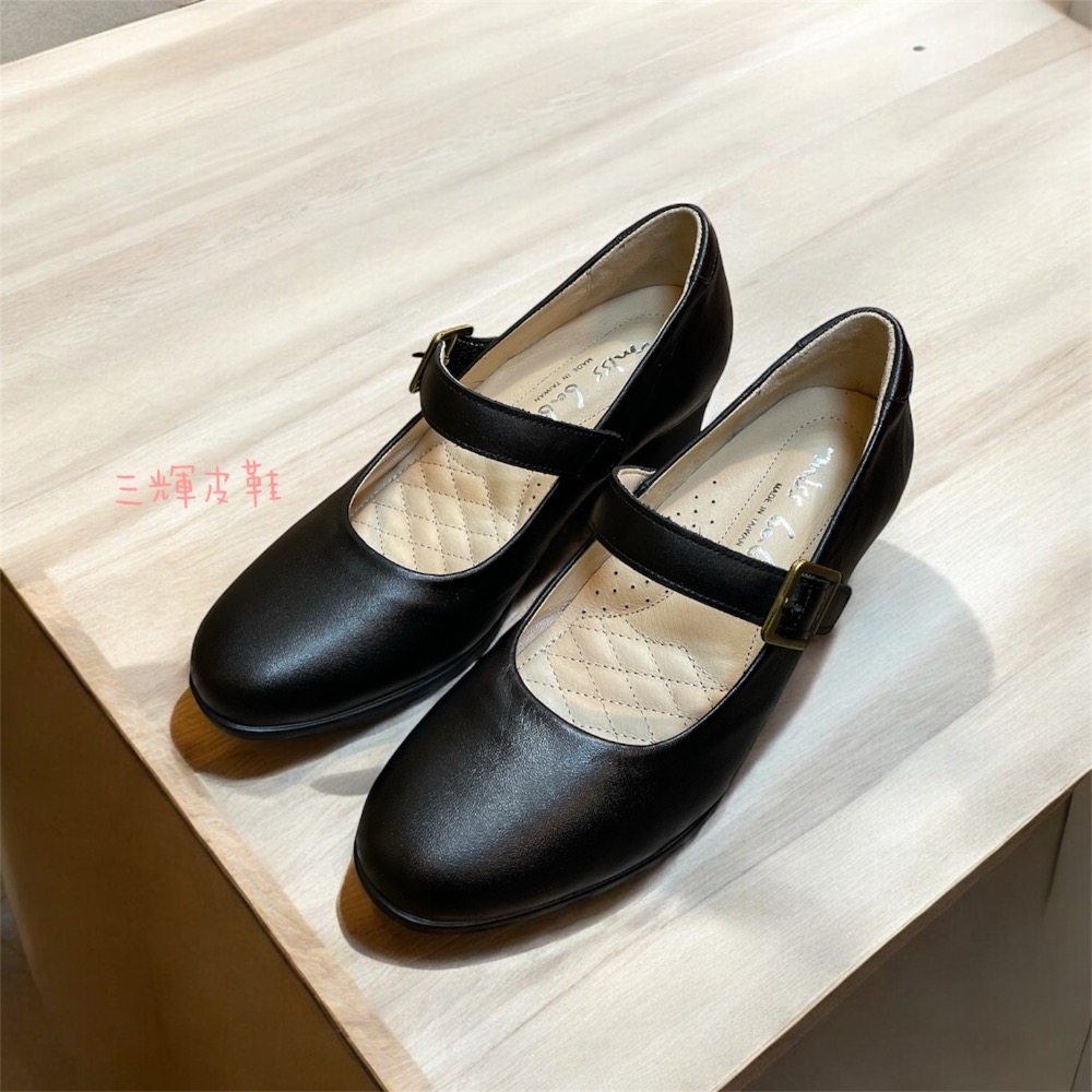 三輝皮鞋台灣製全真皮 不斷裂氧化大底 護趾海綿 羊皮圓頭魔鬼氈瑪莉珍素面雕花粗跟高跟鞋 窩心系列減壓寬楦中跟鞋mit-細節圖2